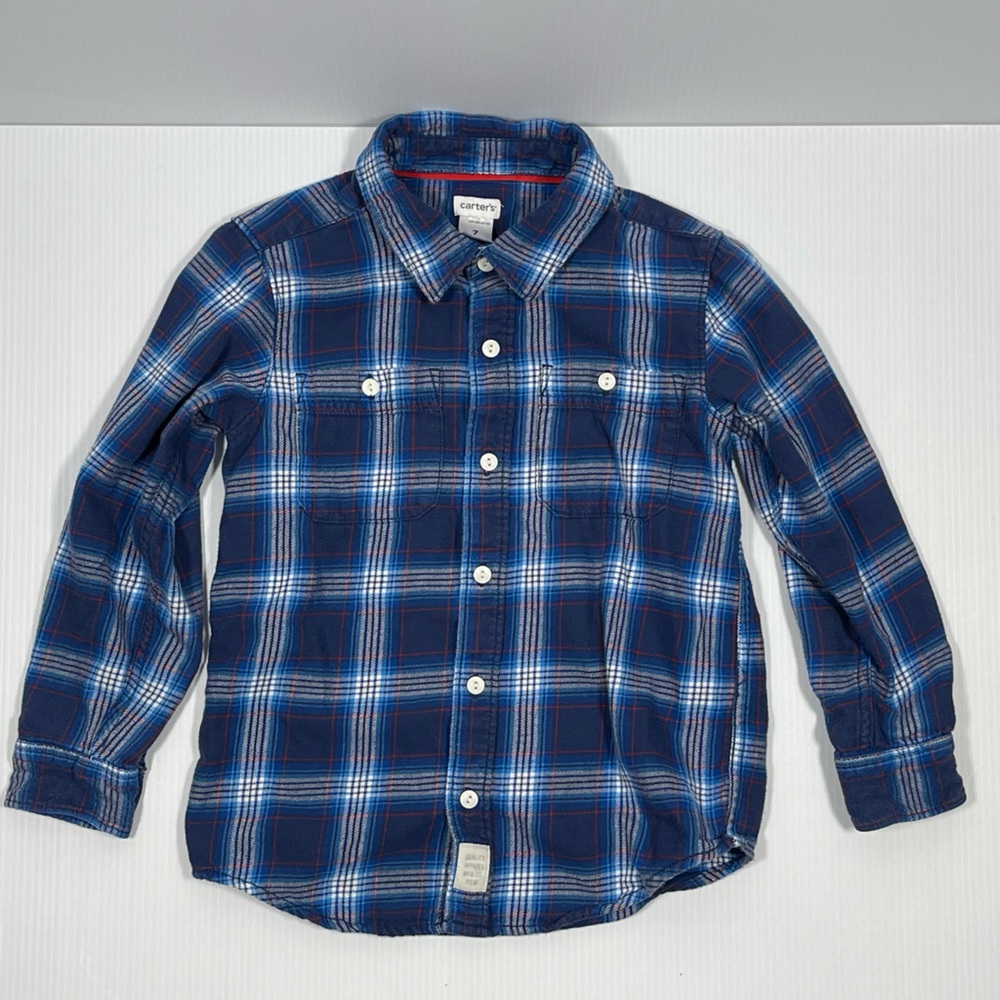 Carter's Navy and White Plaid Button Down Shirt - Size 7